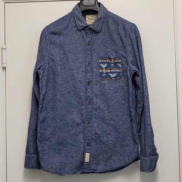 Hollister Flannel Shirt Button Up Mens Large Aztec Pocket Print Long Sleeve - Picture 1 of 15